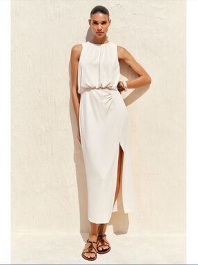 ZARA Cream Draped Midi Dress with Side Slit - NWT! - S